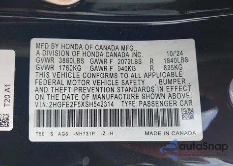 2025 Honda Civic Sport z USA, uszkodzony, nr VIN 2HGFE2F5XSH542314